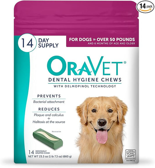 ORAVET Dental Chews for Dogs, Oral Care and Hygiene Chews (Large Dogs, Over 50 lbs.) Pink Pouch, 14 Count