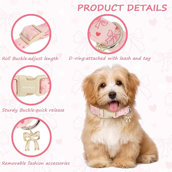Pink Bow Dog Collar, Adjustable Cotton Dog Collar for Small Medium Large Dogs, Cute Puppy Collars for Girl Female Dogs, Ideal for Gifts,Pet Accessory,L