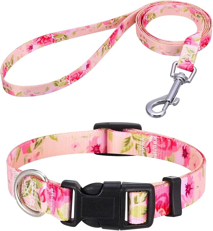 Mihqy Dog Collar and Leash Set with Bohemia Floral Tribal Geometric Patterns - Soft Ethnic Style Collar Adjustable for Small Medium Large Dogs(Pink Rose Set,XS)