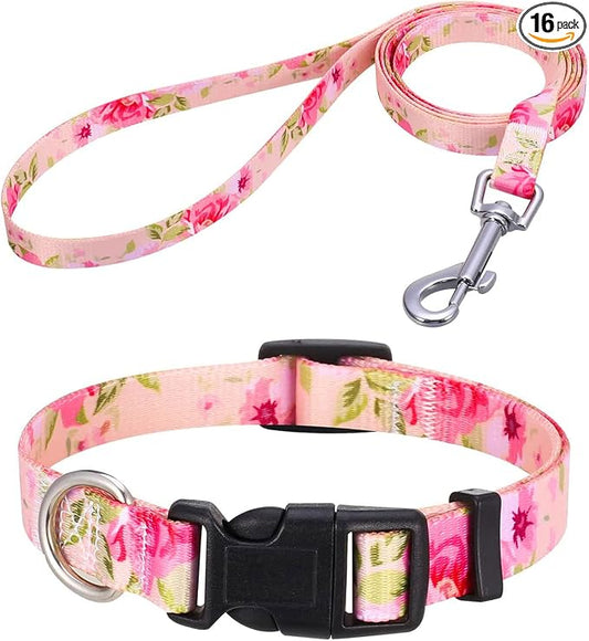 Mihqy Dog Collar and Leash Set with Bohemia Floral Tribal Geometric Patterns - Soft Ethnic Style Collar Adjustable for Small Medium Large Dogs(Pink Rose Set,L)