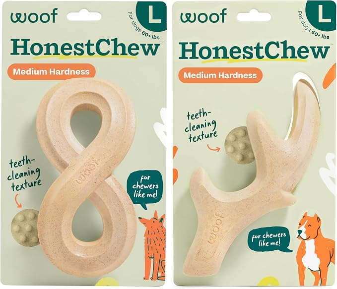 WOOF HonestChew Dog Toy Duo - Durable Dog Chews - Made with Plant-Based Ingredients - Splinter-Resistant - Safer Than Dog Bones - with HonestChew Antler and Infinity - Gift for Dogs - Large