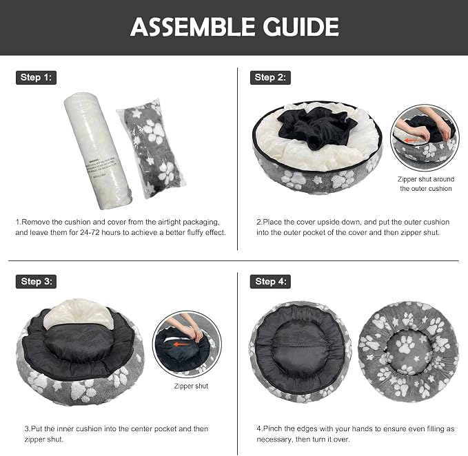 Donut Dog Beds for Small Dogs, Calming Round Cat Beds for Indoor Cats, Cute 3D Textured Paw Pet Bed with Removable Washable Cover and Anti-Slip Bottom（Grey，23"）