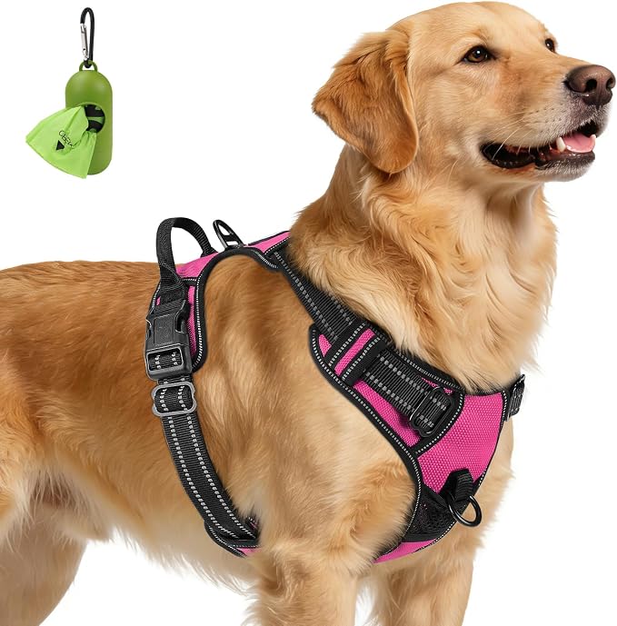 Joytale No Pull Dog Harness for Extra Large Dogs, Reflective Pet Vest with Front Clip, Adjustable Soft Padded Harnesses with Easy Control Handle for Training and Walking, Hot Pink, XL