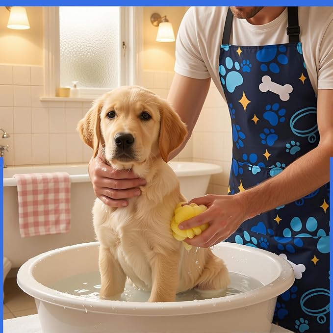 Dog Grooming Waterproof Apron with 2 Pockets, Cute Animals Puppy Dog Pets Apron