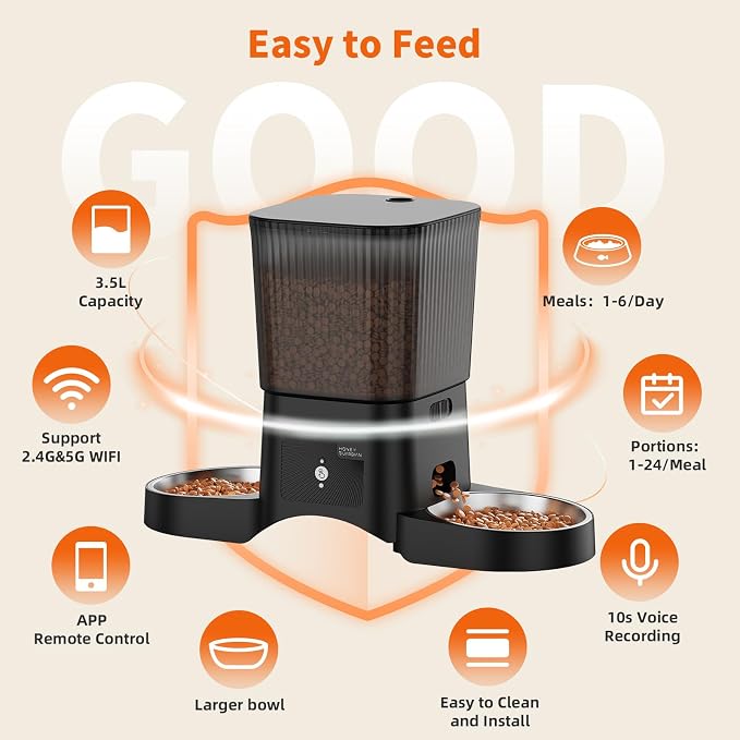 HoneyGuaridan Automatic Cat Feeder for 2 Cats,3.5L Dual Cat Food Dispenser, 2.4G/5G WiFi APP Control for Multiple Cats,2 Stainless Steel Bowls & 2 Slow Feeder Anti-Choking Bowls, Dual Power