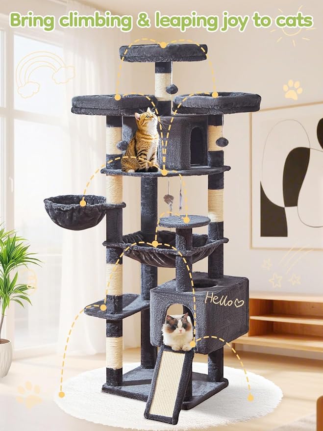 Taoqimiao 76-Inch Cat Tree XXL for Large Cats, Giant Cat Tower with Scratching Board, Extra-Large Metal Hammock, 3 Perches, 7 Sisal Posts, 2 Big Condos, Hanging Basket, Smoky Gray, MS047G