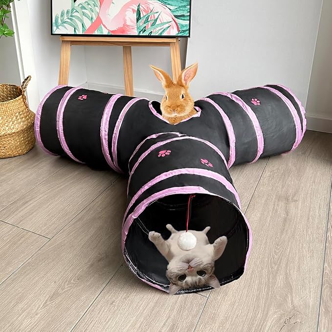 3-Way Collapsible Cat Tunnel Tube Toy Black with Pink Paws — Interactive Play Tunnel with Hanging Ball & Peek Hole for Indoor Cats, Kittens, Puppies & Rabbits | Hours of Fun & Exercise