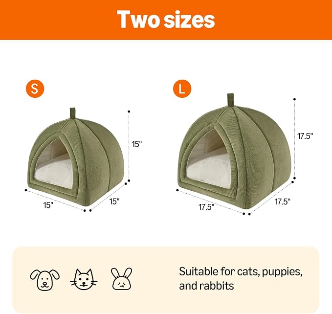 Amazon Basics Cat Cave Bed, 2-in-1 Foldable House for Indoor Cats, with Washable Cushion and Non-Slip Base, 17.5 x 17.5 Inches, Large, Green