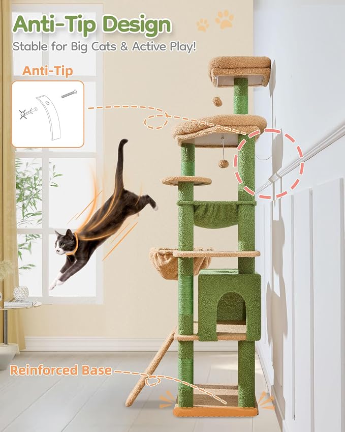 Taoqimiao 72 Inches Cat Tree for Large Cats, Multi-Level Tall Cat Tower, Widened Cat Condo with Large Scratch Board, 5 Scratching Posts, Metal Hammcock, Cozy Basket, Cactus, MS045T