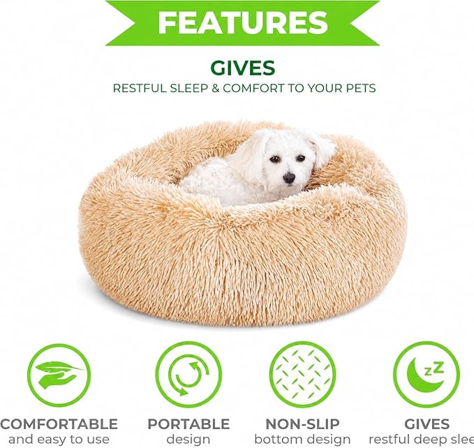Whiskers & Friends Cat Beds for Indoor Cats, Fluffy Calming Donut Cat Bed, Small Dog Bed Washable - Orthopedic Soft Plush Pet Beds Sized for Kitten to Large Cats & Puppy to Small Dogs - Khaki