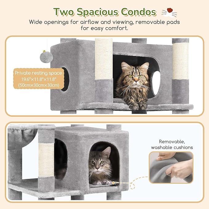 Globlazer Heavy Duty Cat Tree, 74in Tall Sturdy Cat Tower for Large Cats Adult Big Cat Tree with 7 Scratching Posts, 2 Condos with Pad, 2 Dual-Ear Hanging Baskets, Enlarged Top Perch, S74, Light Grey
