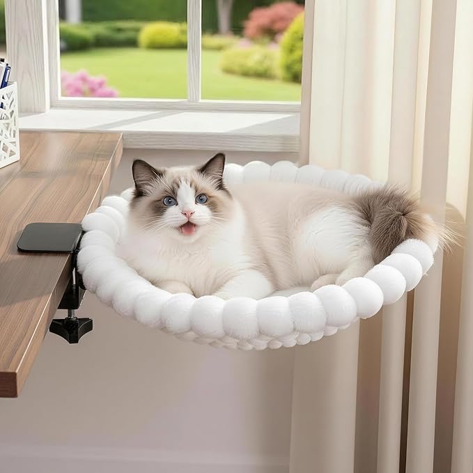 Cat Desk Bed - Cat Hammock for Desk with Faux Rabbit Fur, 180° Folding Space-Saving, Dual-Sided Reversible for All Seasons, Removable & Washable, Holds Up to 40 lbs – for Home Office Desks