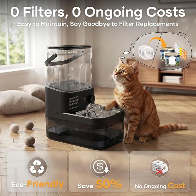 3L Filterless Cat Water Fountain, Wireless Motion Sensor Fountain with 4000mAh Battery, Stainless Steel Cat Bowls, Separate Water Tanks, Quiet – Black