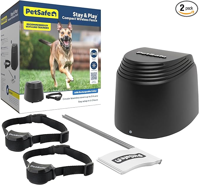 PetSafe Stay & Play Compact Wireless 2-Dog Fence, LCD Screen to Adjust the Circular Boundary, Secure up to 3/4 Acre Area, Use for All Your Pets, Portable System