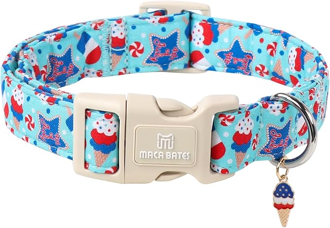 Maca Bates 4th of July Basic Dog Collar with Icecream Charm American Flag Patriotic 4 of 7 Pattern,Small for Boy Girl,Adjustable Durable Blue Independence Day Gift for Male Female Puppy
