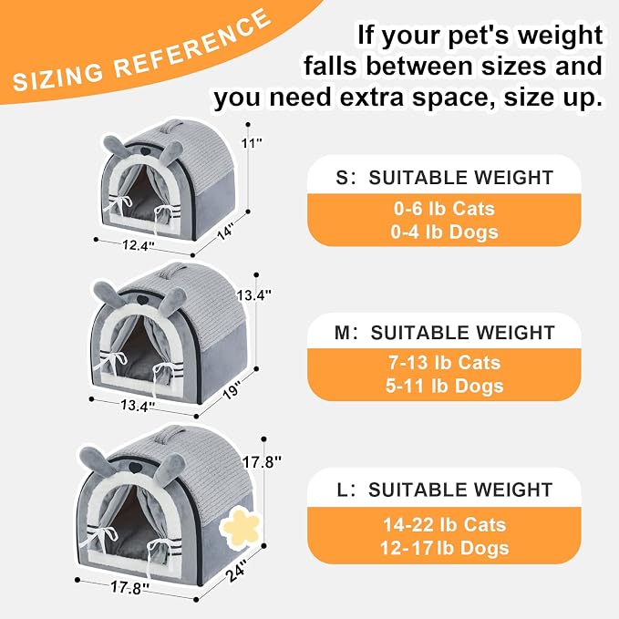 Jiupety Cat Houses for Indoor Cats, Cave Bed with Door Curtain Design, Cute Portable Beds with Reversible Washable Cushion, S Size Up to 6 lb Cat and 4 lb Dog, Non-Slip Bottom, Grey