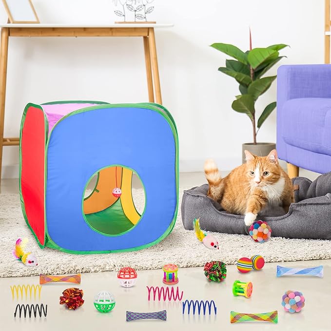 Retro Shaw Cat Toys Pack 33Pcs, Interactive Kitten Toys for Indoor Kittens Cats, Collapsible Kitty Play Tunnel Tent Feather Wand Balls Bell Springs Mouse Kitty Toys for All Breeds (Large Tunnel)