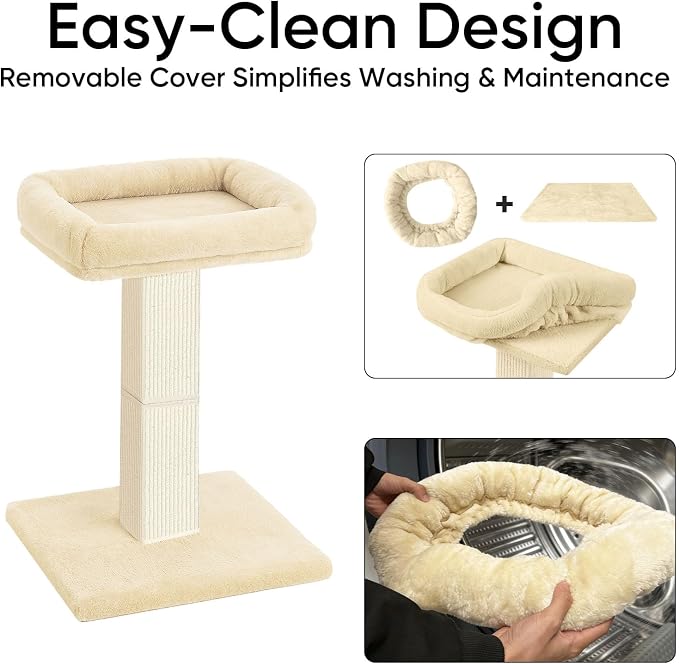 Cat Scratching Post, 32”Cat Scratcher with Large Plush Perch, Sisal & Carpet Scratching Post, Vertical Posts with Elevated Bed for Indoor Cats, Removable& Washable Cover, Beige