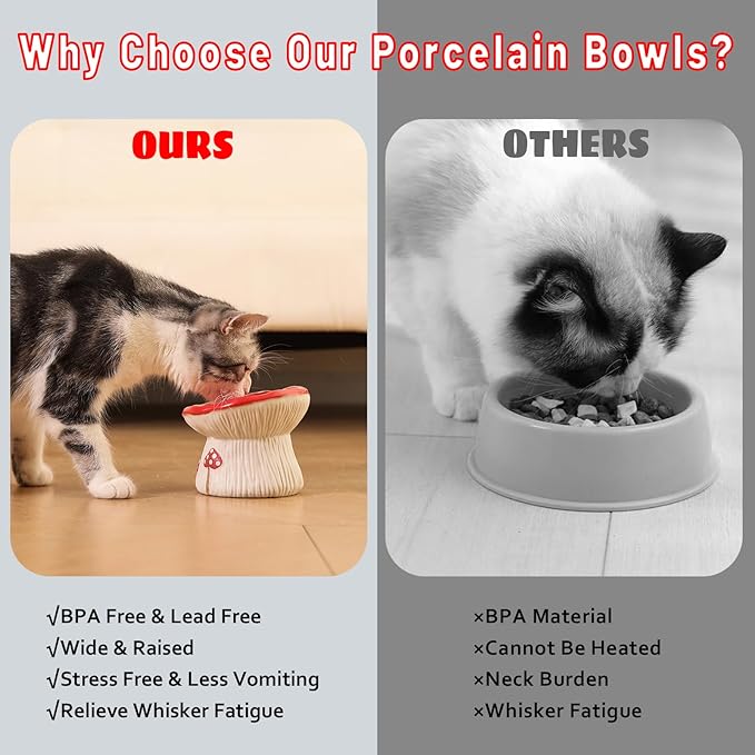 Ceramic Cat Slow Feeder, Cute Mushroom Shape Elevated Food Bowl, Shallow Raised Cat Dish, Anti Vomiting Whisker Fatigue Bowls