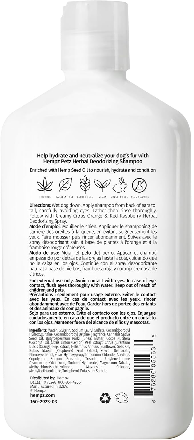 Hempz Petz Dog Shampoo, Creamy Citrus Orange & Red Raspberry Herbal Deodorizing Cleanser, 17 oz.