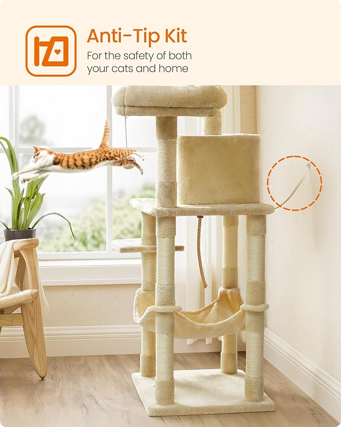 Feandrea Cat Tree, 55.8-Inch Cat Tower, Multi-Level Plush Condo with 11 Scratching Posts, 2 Perches, Hammock, Cave, Beige UPCT15BE