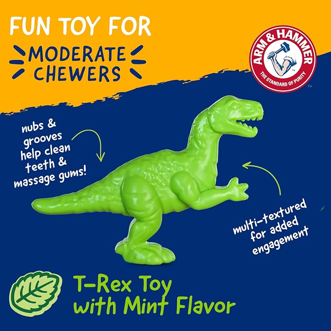 Arm & Hammer Nubbies Denta-Saurus T-Rex Dog Dental Chew Toy, Mint Flavor, for Moderate Chewers, Nylon, Reduces Plaque and Tartar Without Brushing, Baking Soda Infused - 24 Pack