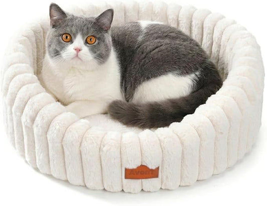 Avont Fluffy Cat Bed for Indoor Cats, Cozy Plush Sleeping Nest for All Sleep Styles, Washable Removable Cushion & Anti-Slip Base, Calming Round Bed for Kittens & Small Dogs – Cream(S)