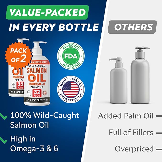 StrellaLab 64 OZ Salmon Oil for Dogs - Omega 3 for Dogs & Cats, Itch & Allergy Relief, Wild Alaskan Salmon Oil Dogs Skin & Coat, Dog Fish Oil Liquid, Shedding Supplement EPA & DHA Fatty Acids - 2Packs