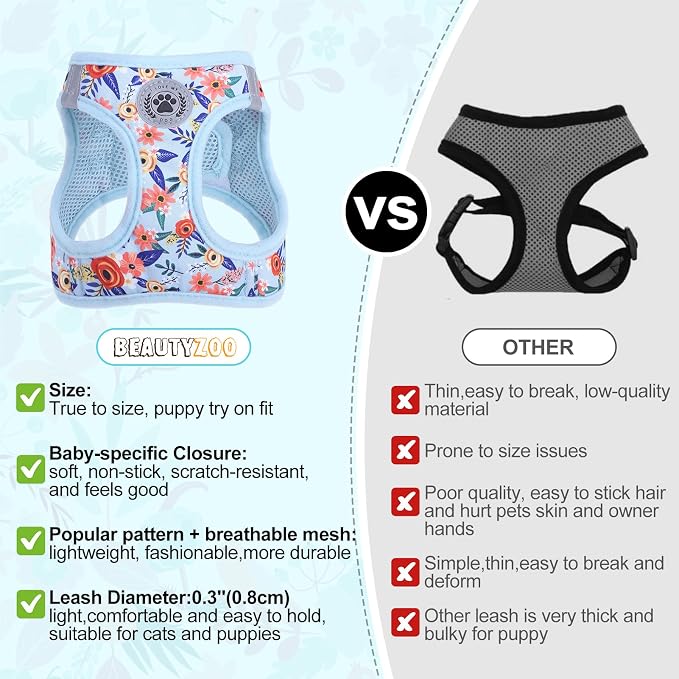 BEAUTYZOO Step in Dog Harness and Leash Set,Floral Pattern Reflective Dog Harness No Pull No Choke Puppy Harness for Small Medium Large Dogs Cats,Soft Padded Mesh Vest Harnesses for Girl and Boy Pets