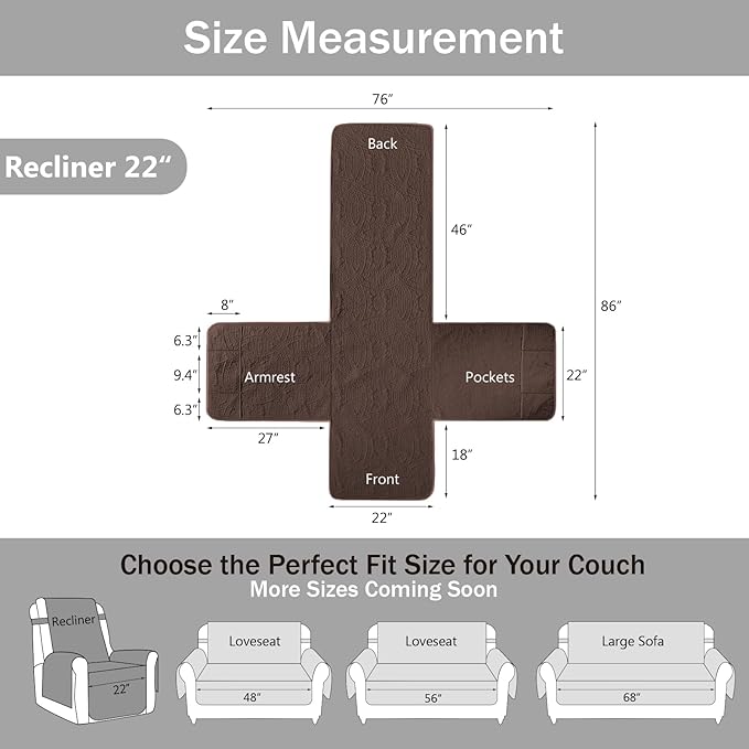 Quilted Recliner Chair Covers,Water-Repellent Recliner Slipcovers, Recliner Covers Stay in Place, Pet Friendly Recliner Cover for Dogs, Washable Chair Protector (Recliner 22", Chocolate)
