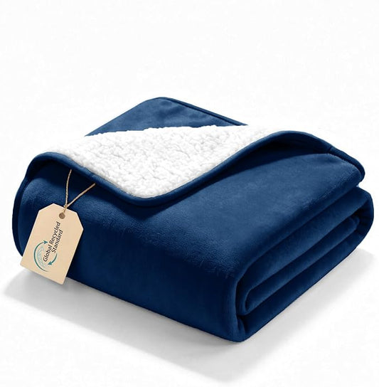 gogobunny Waterproof Bed Blanket, Reversible Sherpa Fleece Throw Blanket for Dog Puppy Cat, Furniture Cover Protects Bed Couch Sofa from Liquid Pee and Pet Fur (Navy Blue, 25x35 inches)