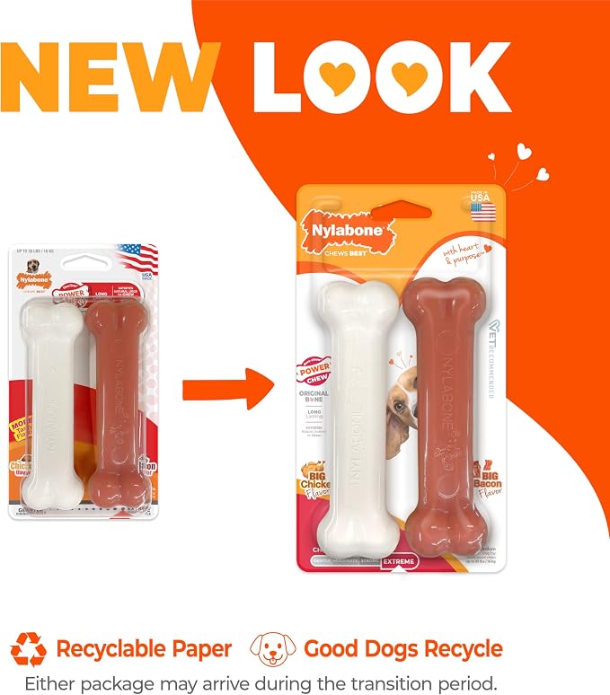 Nylabone Original Bone Power Chew Toy for Dogs, Durable Dog Toys for Aggressive Chewers, Basted Blast Bacon & Chicken Flavor, Medium - Up to 35 lbs, 2 Pack