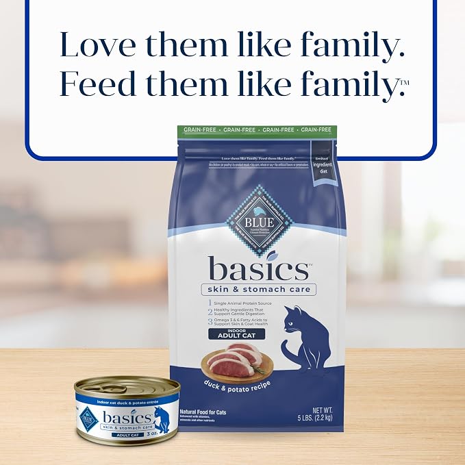 Blue Buffalo Basics Grain-Free Dry Cat Food, Skin & Stomach Care, Limited Ingredient Diet for Indoor Cats, Duck & Potato Recipe, 5-lb. Bag