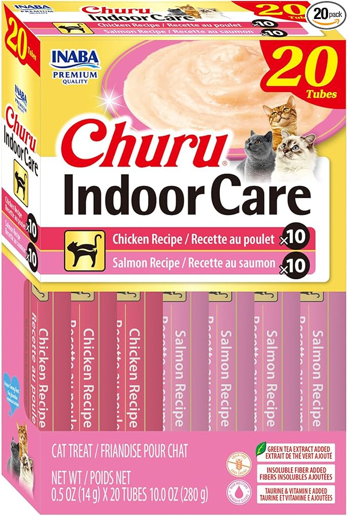 INABA Churu Indoor Care for Hairball Control, Functional Lickable Cat Treat with Taurine & Green Tea Extract, 0.5oz Each, 20 Tubes Total, Chicken & Salmon Variety