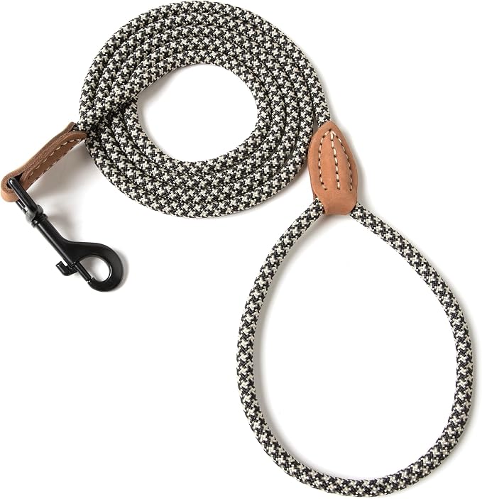 Mile High Life Small Dog Leash, Thin Rope Leash with Genuine Leather Connection and Heavy Duty Metal Clasp, Great for Small Medium Dogs(Black Khaki,60 Inch-1/3)