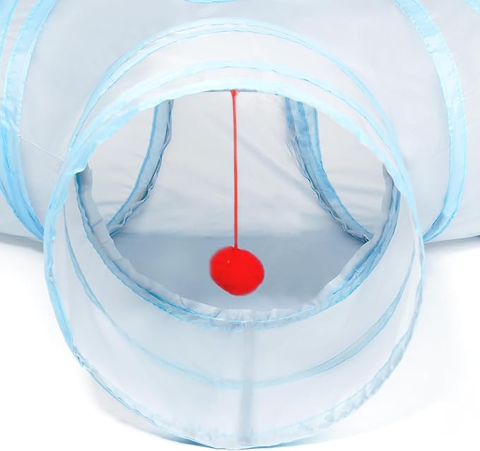 Tempcore Cat Tunnel for Indoor Cats, 3 Way Collapsible Pet Play Tunnel with Teaser Wand, Peek Holes & Hanging Ball, Interactive Tube for Kittens & Rabbits, Light Grey&Blue