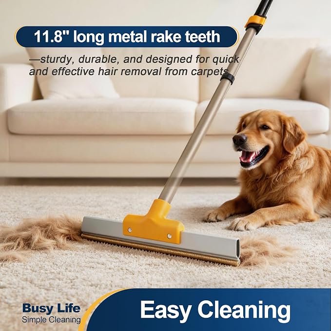 Yocada Carpet Rake for Pet Hair Removal Dog&Cat Hair Remover Scraper Rake Reusable Pet Hair Remover Broom 54.3" Telescopic Long Handle for Carpet Sofa Rug Mats Couch