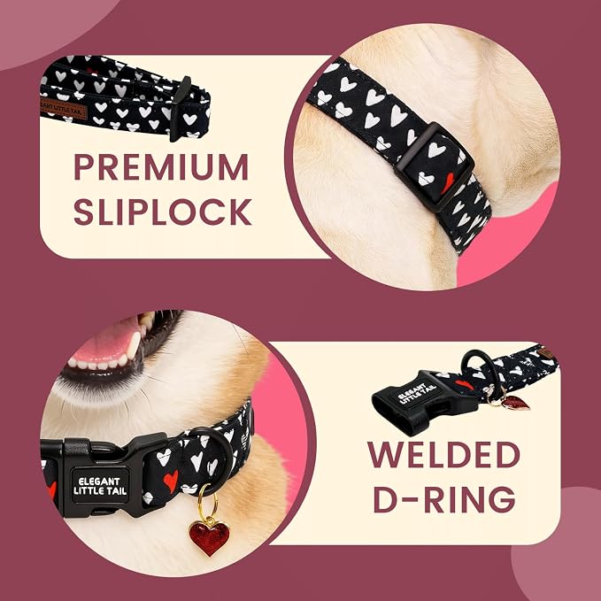 Elegant little tail Valentine's Dog Collar - Black Heart Dog Collars Cotton Soft Puppy Adjustable Pet Collars with Sturdy Quick Release Buckle for Small Dogs