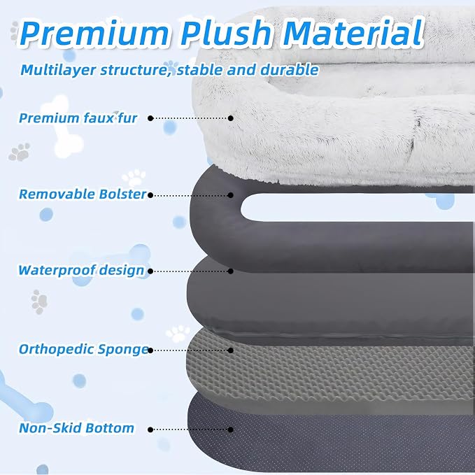 Human Dog Bed for Adults, 71"x45"x14" Giant Fluffy Dog Bed for Humans, Washable Faux Fur Napping Bed, Orthopedic Human Pet Bed with Non-Slip Bottom