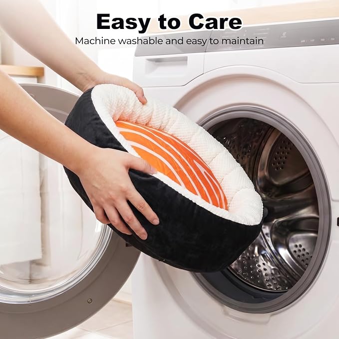 Cat Bed for Indoor Cats, 21" Washable Round Pet Bed for Cats & Small Dogs, Sushi Soft Fluffy Calming Bed for Kitten and Puppy with Anti-Slip Base