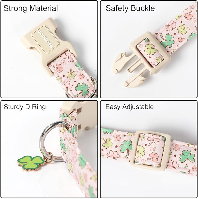 DOGWONG Green Dog Collar- Spring Female Dog Collars Adjustable St. Patrick's Day Puppy Pink Clover Dog Collar for Small Medium Large Dogs XL
