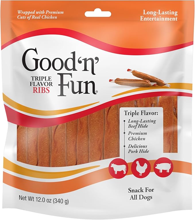 Good ‘n’ Fun Triple Flavor Ribs Chews for All Dogs, Treat Your Dog to Long-Lasting Chews Made with Beef Hide, Chicken and Pork Hide, 12 oz