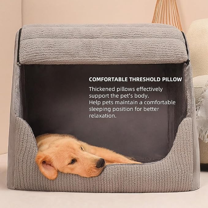 Extra Large Dog Bed House, 30D Memory Sponge, Cozy Dog House Indoor, Plush Dog Cave Bed Crate Cushion with Non-Slip Bottom for Medium Large Dogs (Grey, M)
