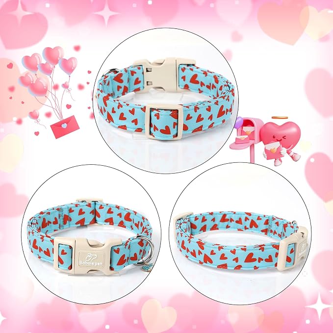 Valentines Dog Collar for Large Dogs - Cute Valentine Blue Dog Collars, Adjustable Puppy Red Hearts Collar with Quick Release Buckle for Boys&Girls Dogs L