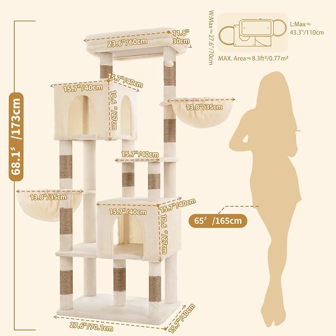 Heybly 68.1" Cat Tree with Oversized Top Platform & Wide Base, Heavy Duty Cat Tower for Large Indoor Cats with 2 Condos, 2 Hammocks, 10 Sisal Scratching Posts, Stable Cat House, Beige HCT059MJ
