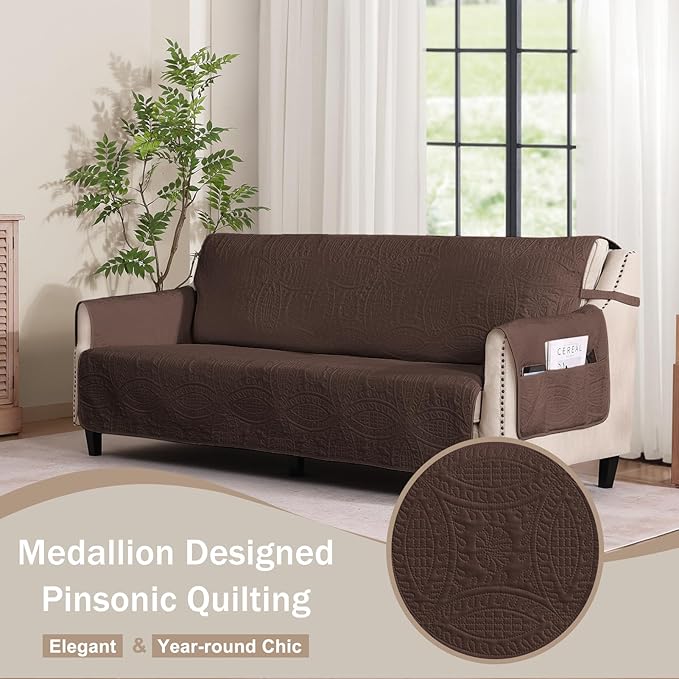Quilted Sofa Slipcovers with Pockets, Medallion Designed Anti-Slip Couch Covers for 3 Cushion Sofa, Couch Cover for Dogs Cats Water-Repellent Machine Washable (Large Sofa 68", Chocolate)