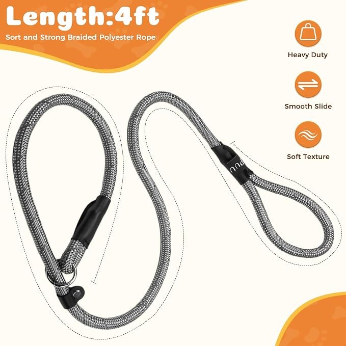 Reflective Slip Leads for Dogs,6FT x 1/2" Dog Leash Heavy Duty Strong Rope Lead for Large, Medium Dogs, No Pull Pet Training Leash(Gray, Large(1/2in-4ft))