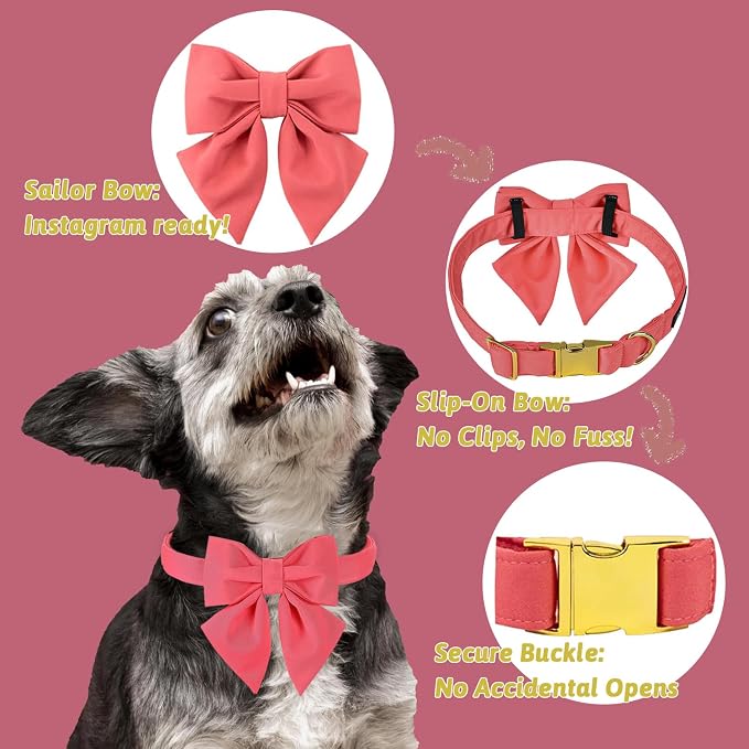 Maca Bates Peach Pink Dog Collar with Cute Solid Sailor Bow Tie for Large Girl Boy Dogs,Girly Adjustbale Durable Breakaway Soft Collars with Bowtie for Female Male Puppy,Pet with Metal Buckle