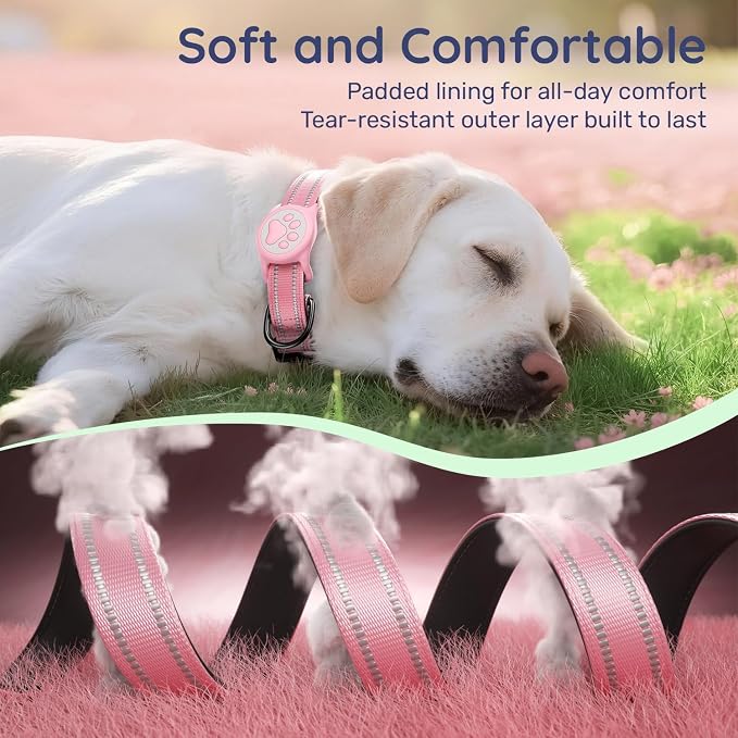 Airtag Dog Collar, Reflective Ultra-Durable Nylon Padded with QR Buckle & IP68 Waterproof Air Tag Holder Compatible for Apple AirTag, Comfortable for Small Medium Large Dogs (Pink,XL)