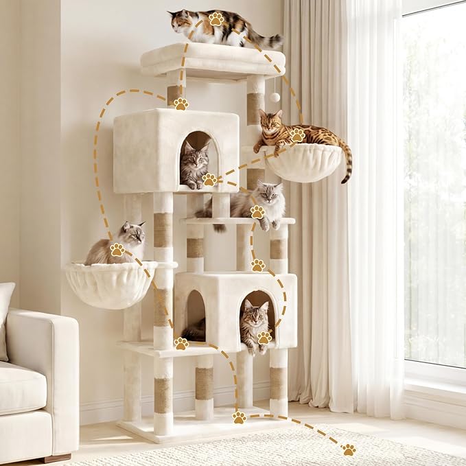 Heybly 68.1" Cat Tree with Oversized Top Platform & Wide Base, Heavy Duty Cat Tower for Large Indoor Cats with 2 Condos, 2 Hammocks, 10 Sisal Scratching Posts, Stable Cat House, Beige HCT059MJ
